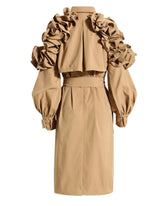 Luxury Designer Long Duster Coat Ruffle Shoulder Belted Statement Outerwear